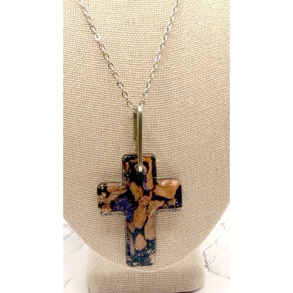 Glass Cross Pendant Necklace Goldstone Look Purple Accent Silver Tone 19 Inch